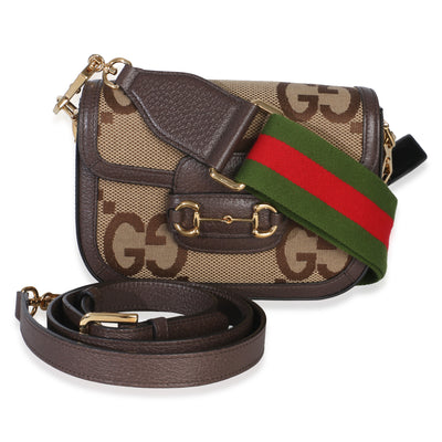 Gucci Camel Monogram Jumbo GG Calfskin Web Small Horsebit 1955 Shoulder Bag Handbag fv