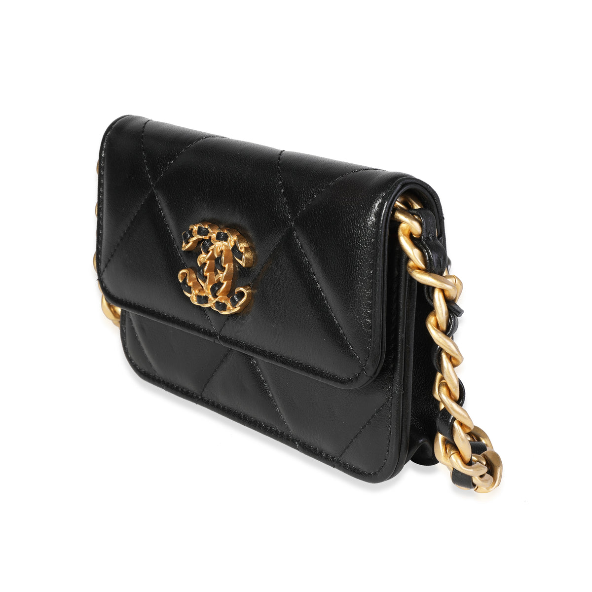 Chanel Black Quilted Lambskin  19 Mini Coin Purse With Chain Handbag sv