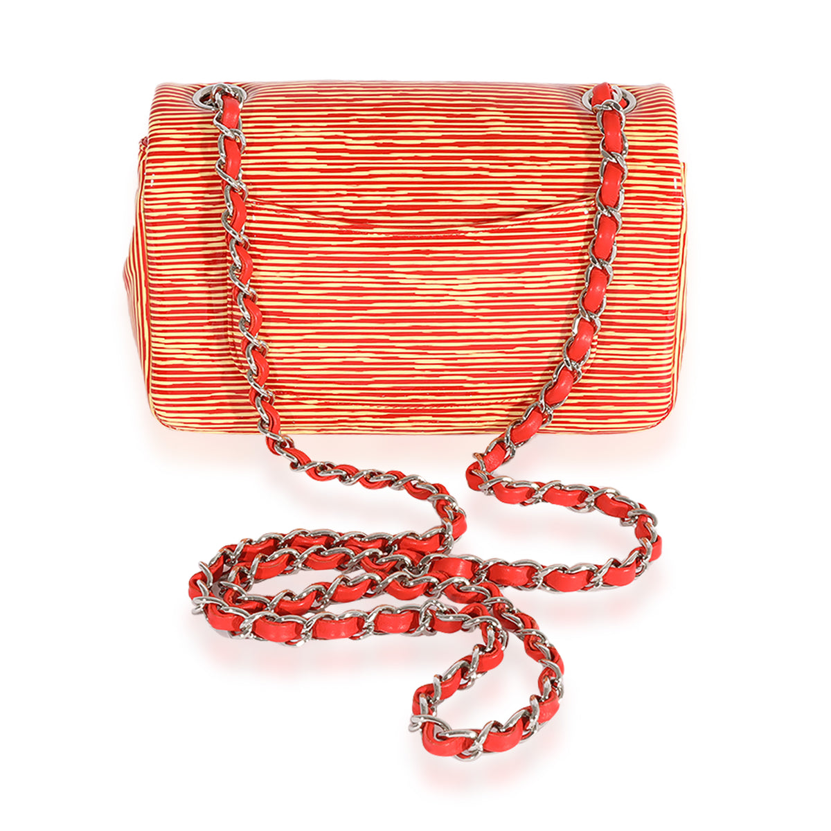 Chanel Red Striped Patent Mini Rectangular Classic Flap Bag Handbag pv