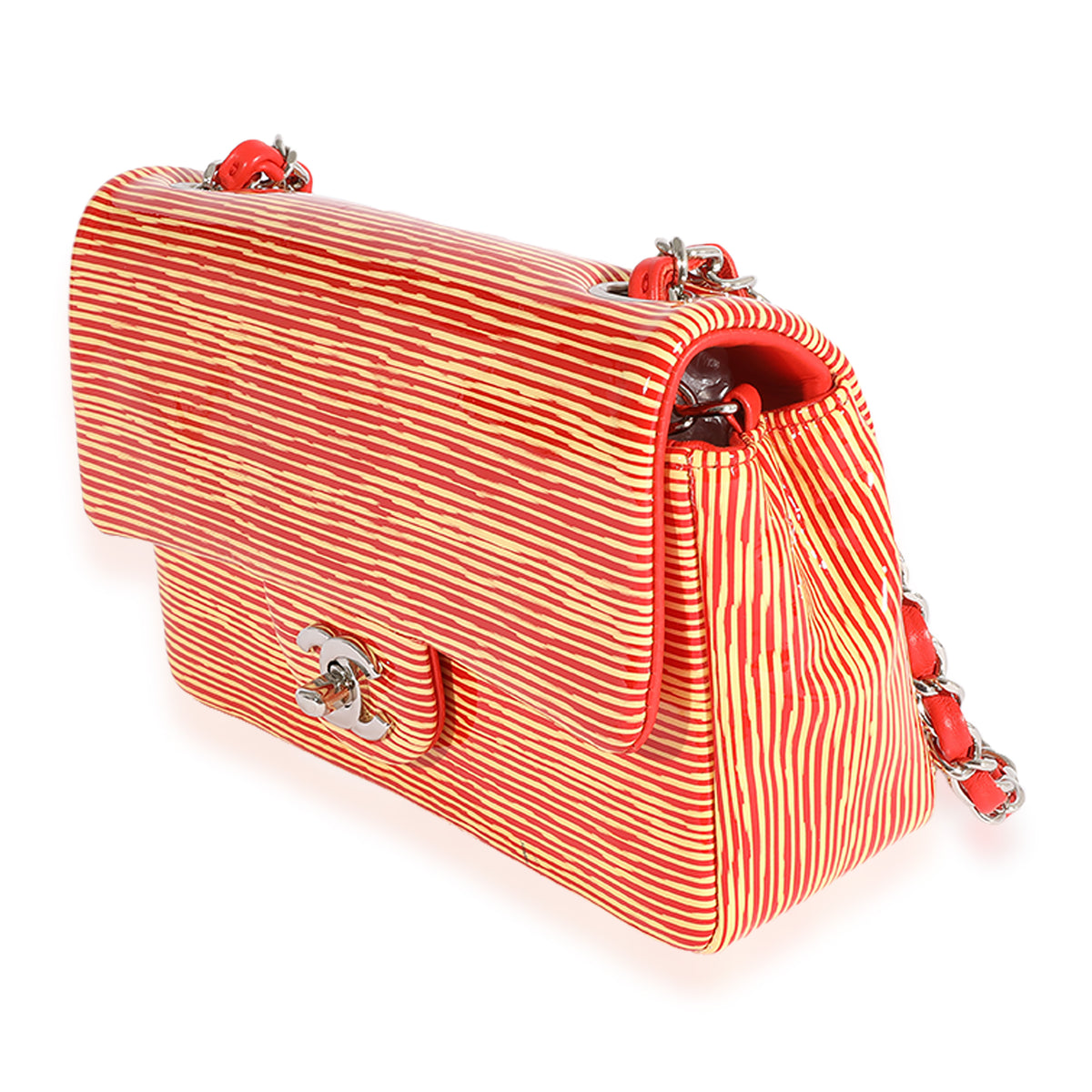Chanel Red Striped Patent Mini Rectangular Classic Flap Bag Handbag sv