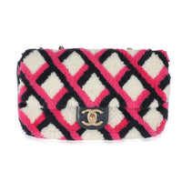 Chanel Fuchsia Navy White Shearling Lambskin Emoticon Single Flap Bag Handbag fv