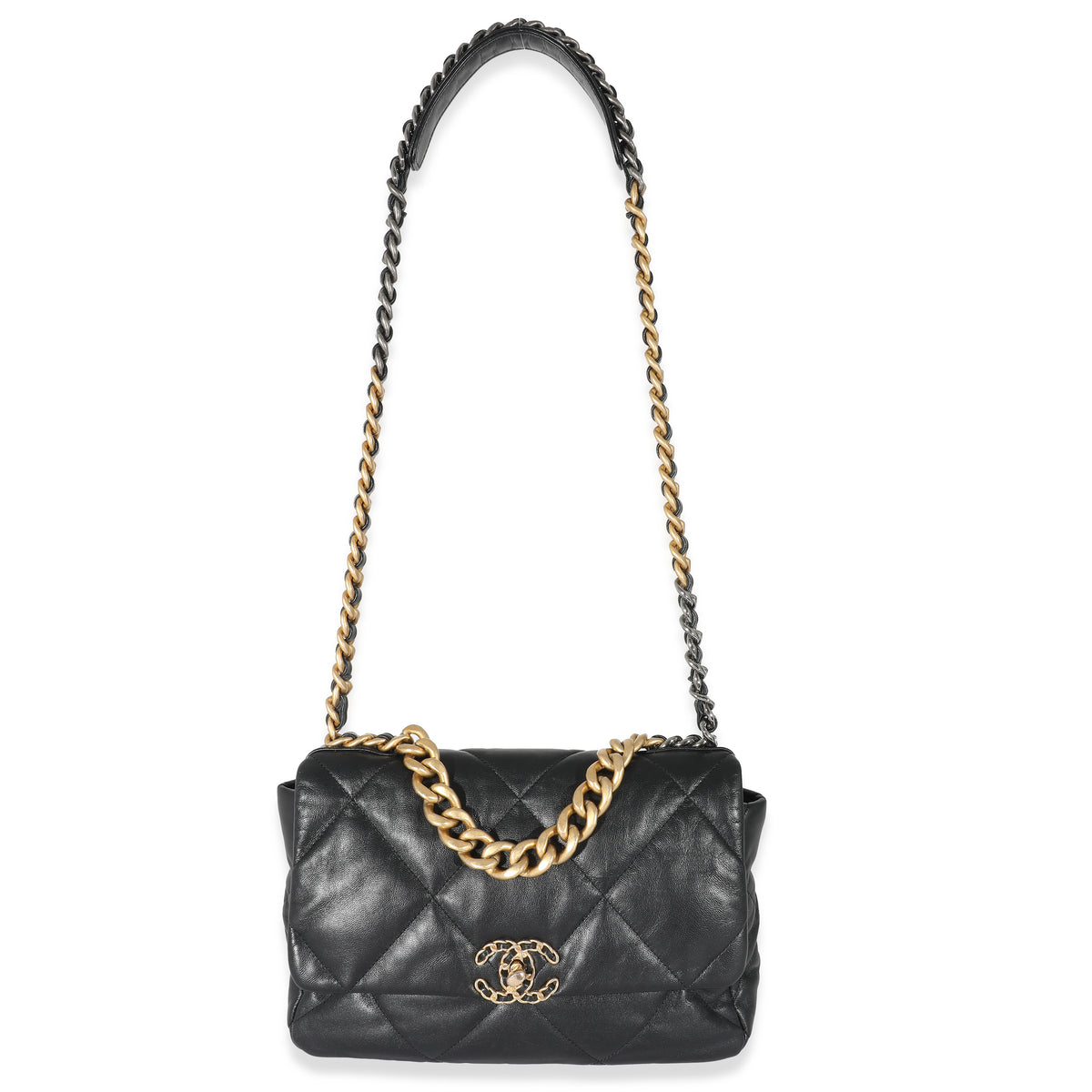 Chanel Black Shiny Lambskin Large  19 Flap Bag Handbag bv