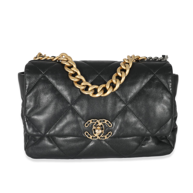 Chanel Black Shiny Lambskin Large  19 Flap Bag Handbag fv