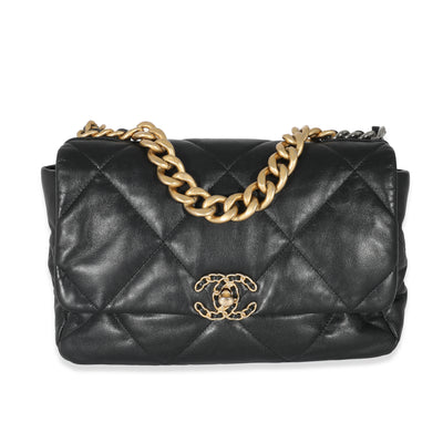 Chanel Black Shiny Lambskin Large  19 Flap Bag Handbag fv