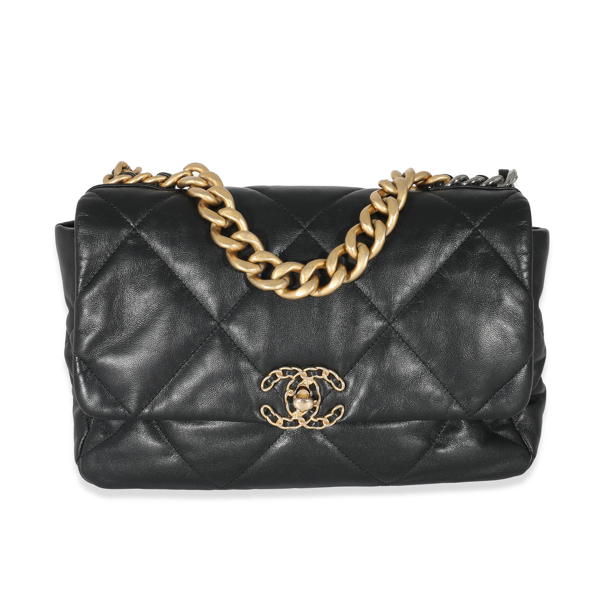 Chanel Black Shiny Lambskin Large  19 Flap Bag Handbag fv