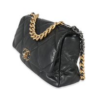Chanel Black Shiny Lambskin Large  19 Flap Bag Handbag sv