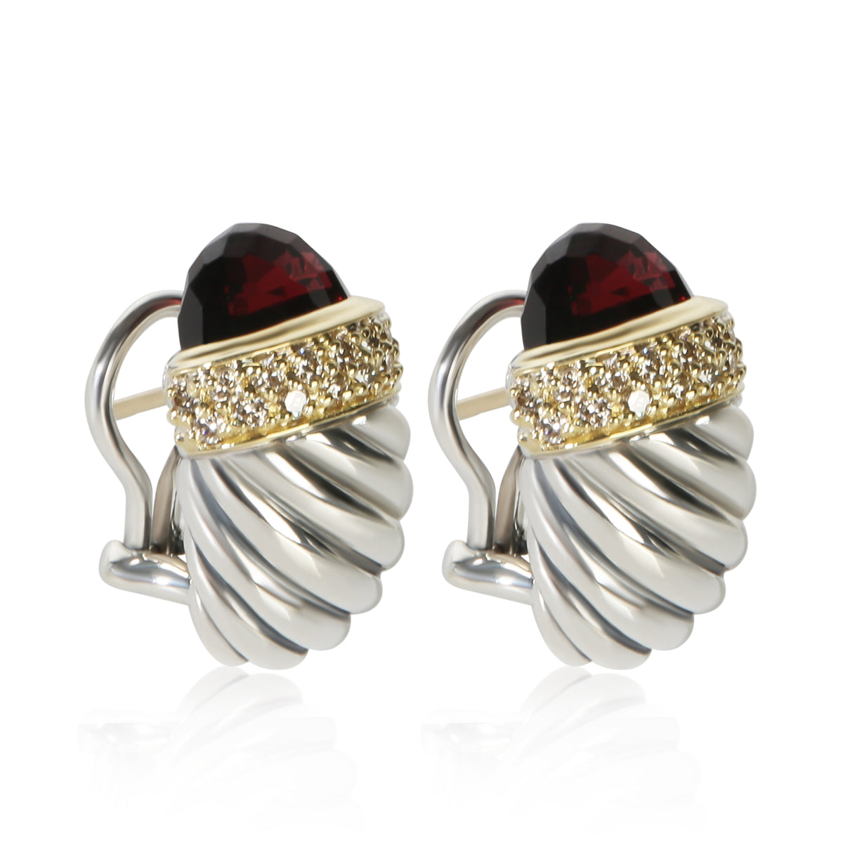 David Yurman Yellow Gold & Sterling Silver Garnet and Diamond Shrimp Earrings 2