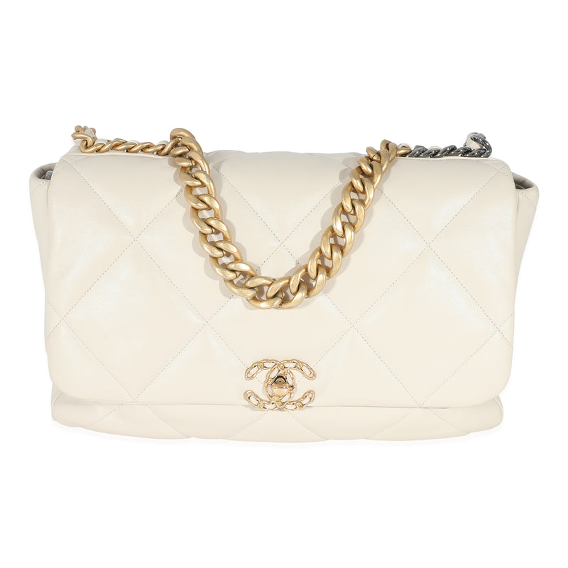 Chanel Ivory Shiny Quilted Lambskin Maxi  19 Flap Bag Handbag fv