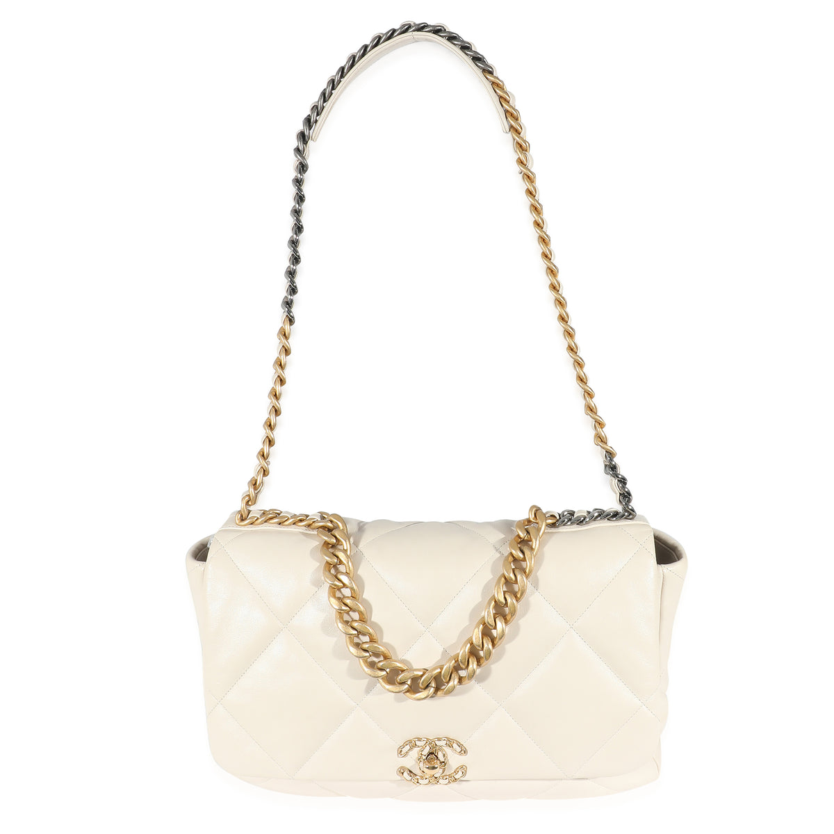 Chanel Ivory Shiny Quilted Lambskin Maxi  19 Flap Bag Handbag bv