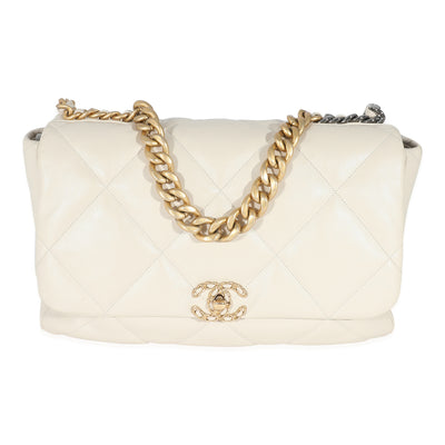 Chanel Ivory Shiny Quilted Lambskin Maxi  19 Flap Bag Handbag fv