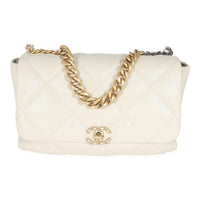 Chanel Ivory Shiny Quilted Lambskin Maxi  19 Flap Bag Handbag fv