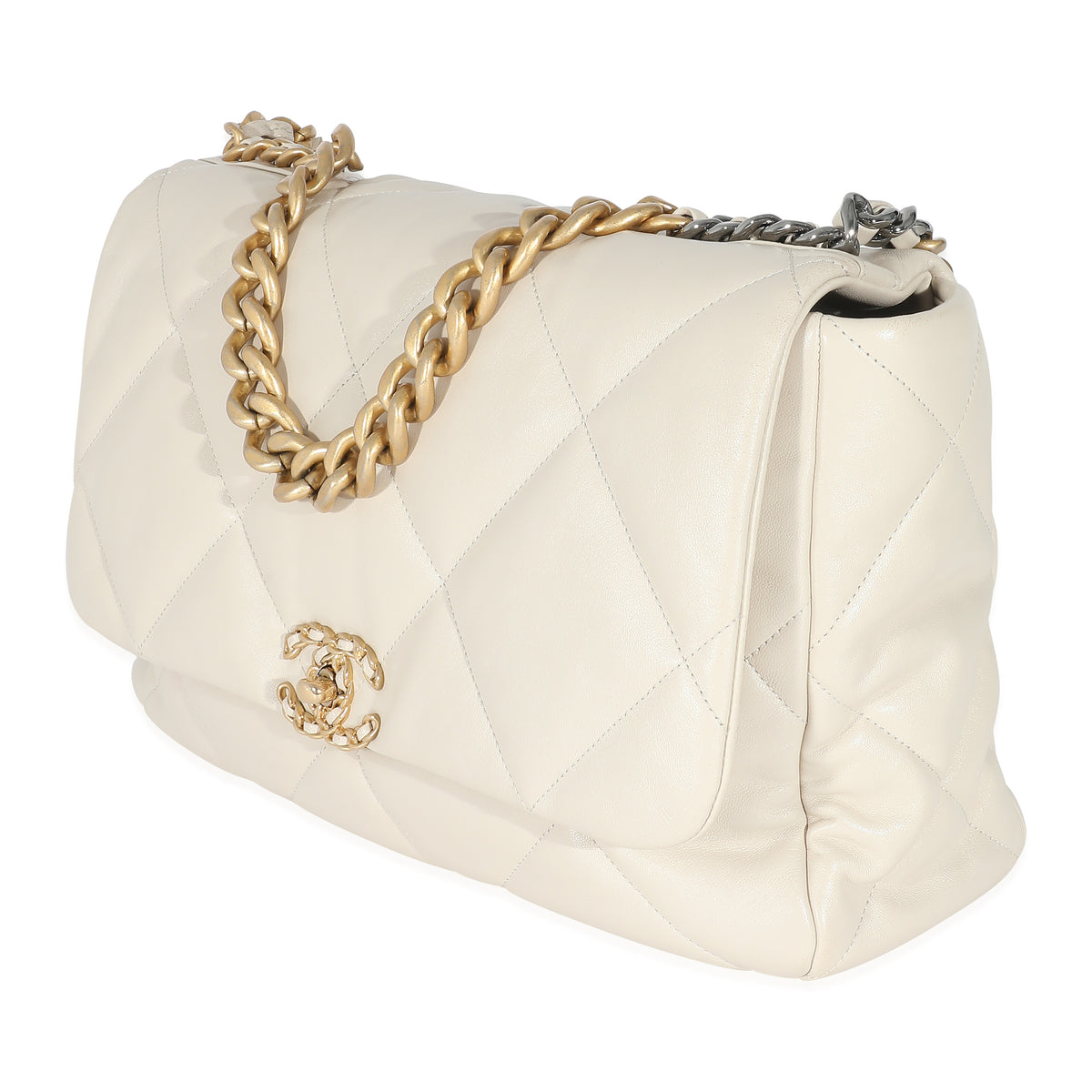 Chanel Ivory Shiny Quilted Lambskin Maxi  19 Flap Bag Handbag sv