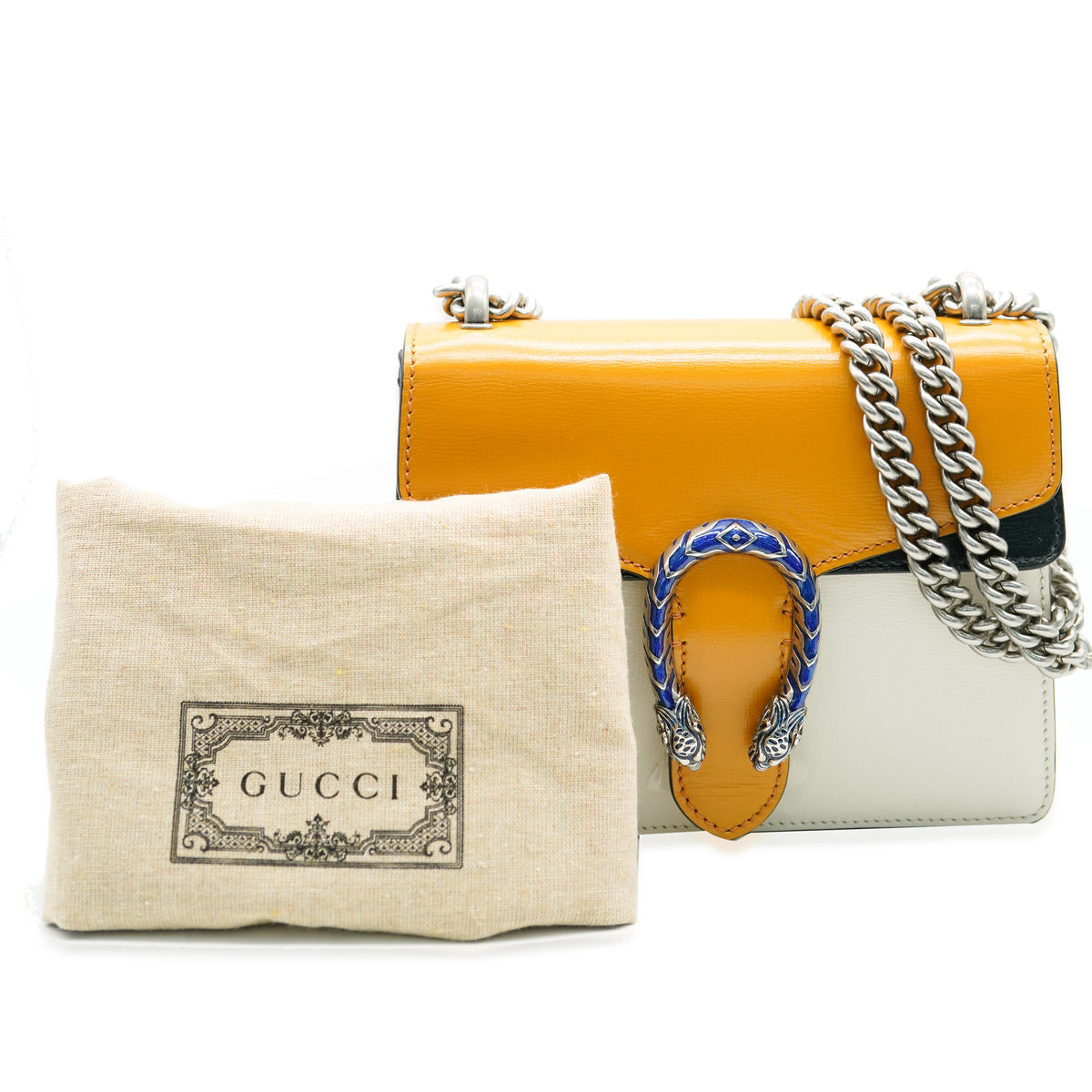 Gucci Yellow Beige Navy Tricolour Leather Mini Dionysus Handbag av