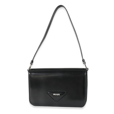 Prada Black Brushed Leather Shoulder Bag Handbag fv