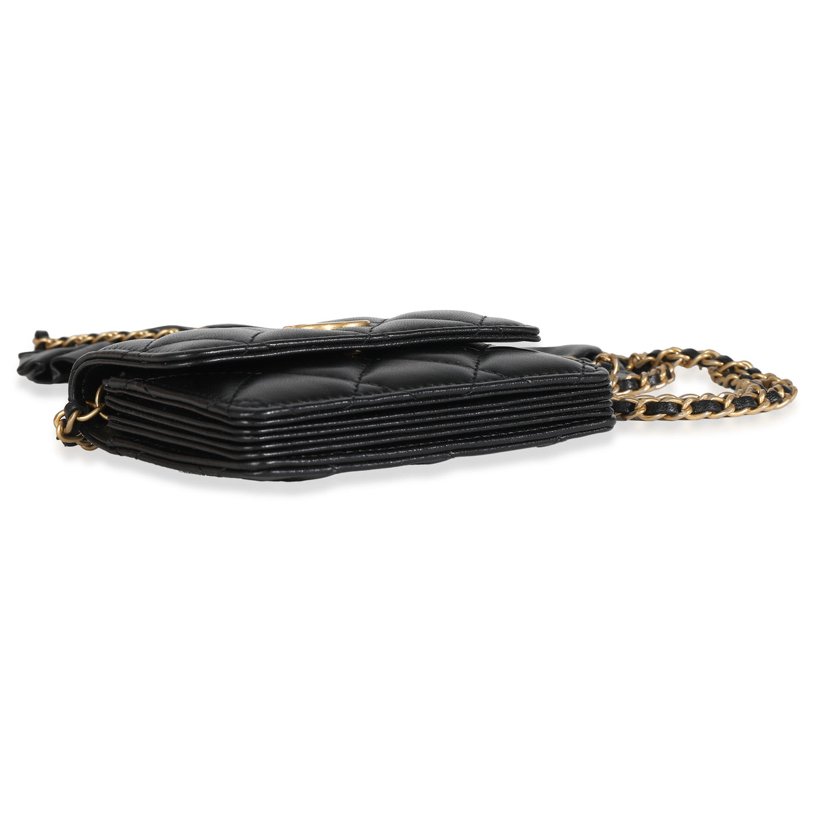 Chanel Black Quilted Lambskin Ruffled Card Holder On Chain Handbag box
