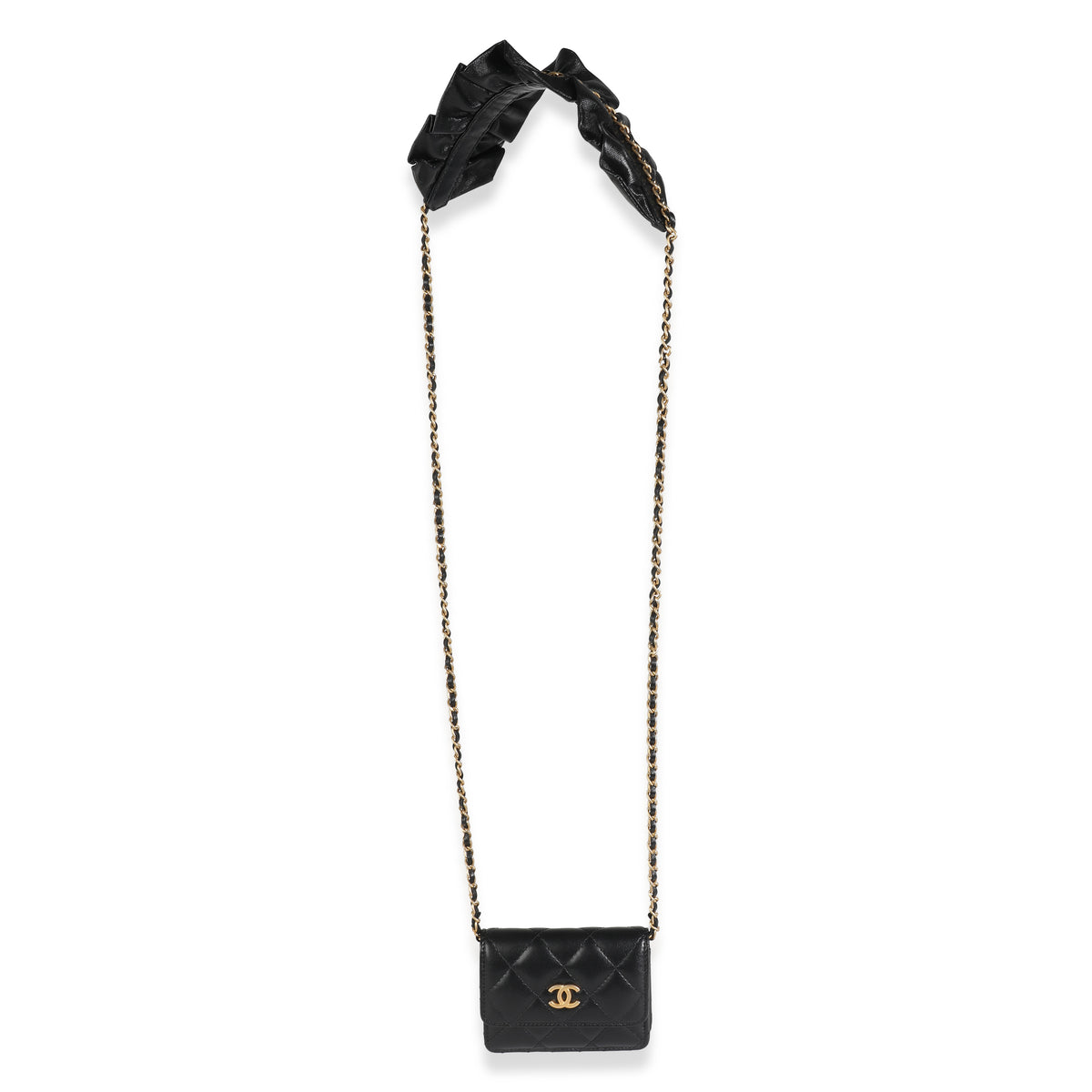 Chanel Black Quilted Lambskin Ruffled Card Holder On Chain Handbag clasp