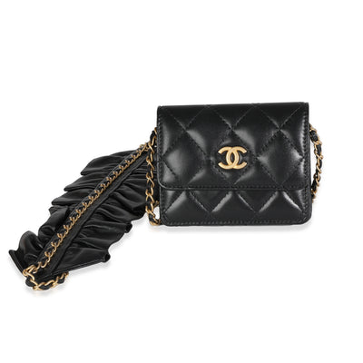 Chanel Black Quilted Lambskin Ruffled Card Holder On Chain Handbag fv