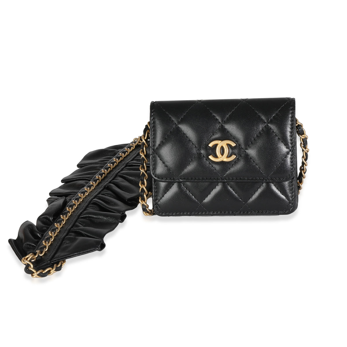 Chanel Black Quilted Lambskin Ruffled Card Holder On Chain Handbag fv