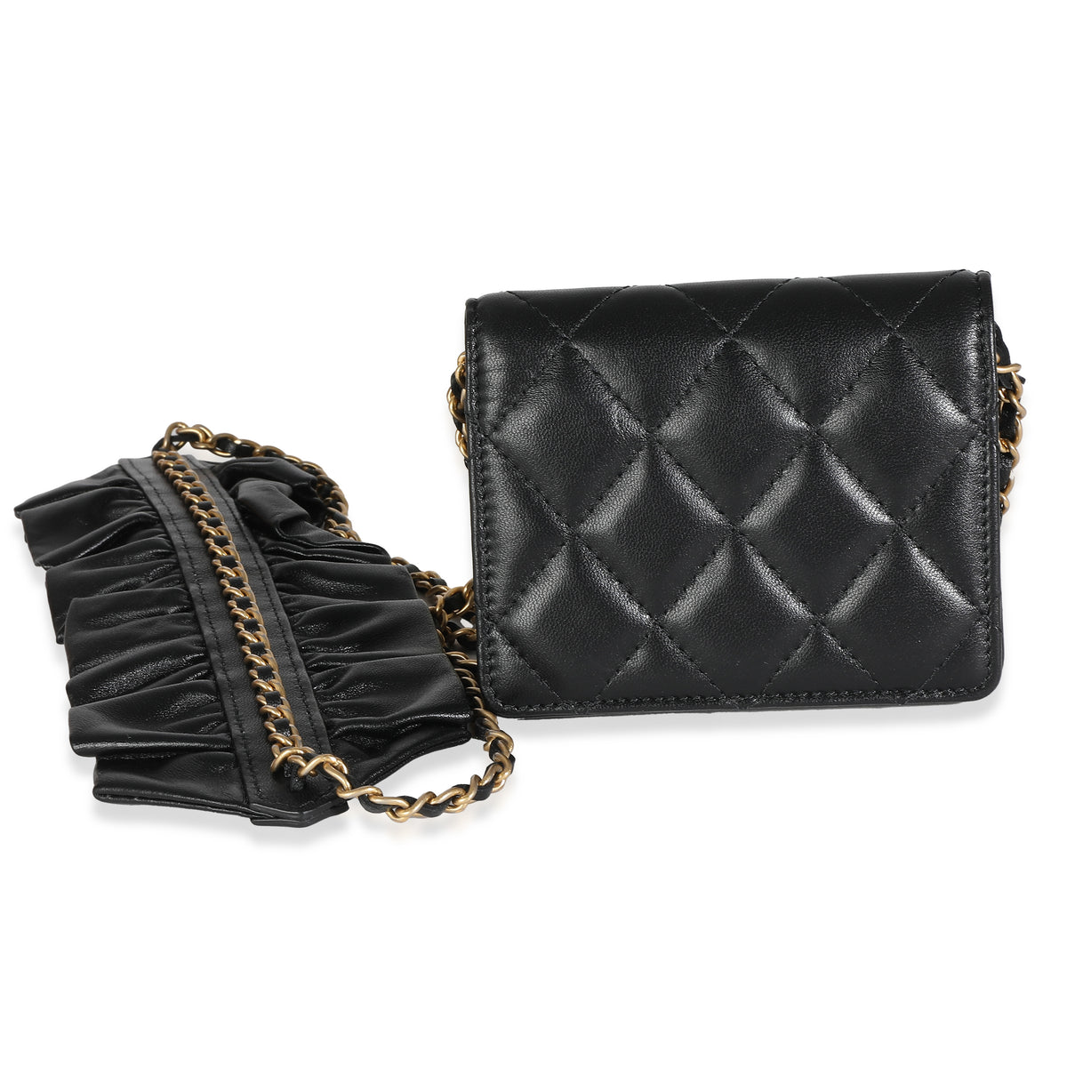 Chanel Black Quilted Lambskin Ruffled Card Holder On Chain Handbag pv