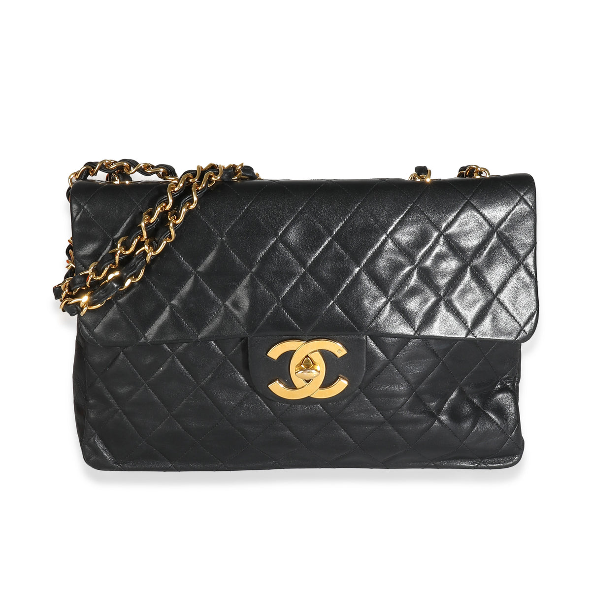 Chanel Vintage 24K Black Quilted Lambskin Maxi XL Flap Bag Handbag fv