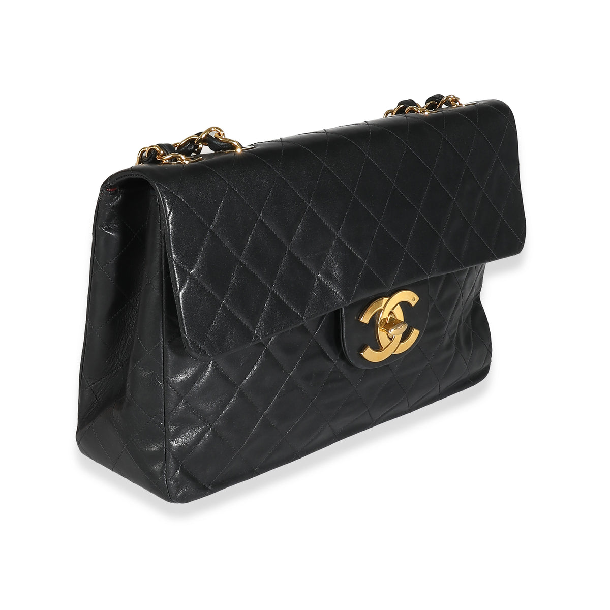 Chanel Vintage 24K Black Quilted Lambskin Maxi XL Flap Bag Handbag pv
