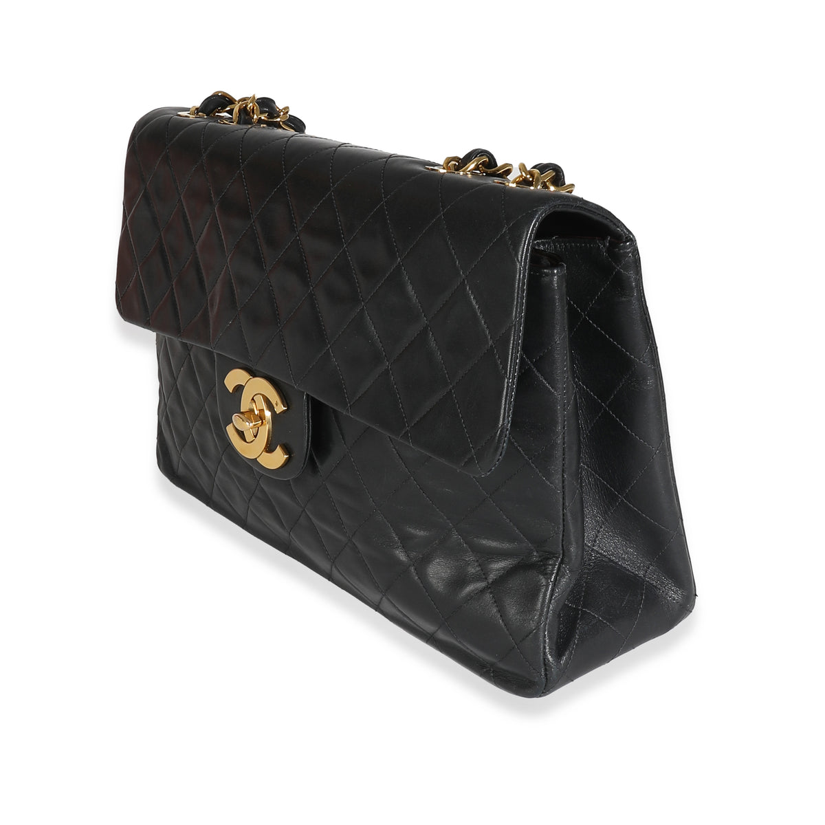 Chanel Vintage 24K Black Quilted Lambskin Maxi XL Flap Bag Handbag sv