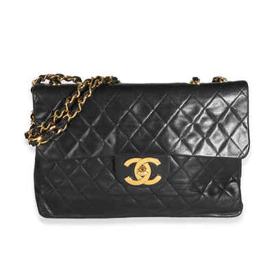Chanel Vintage 24k Black Quilted Lambskin Maxi XL Flap Bag Handbag fv