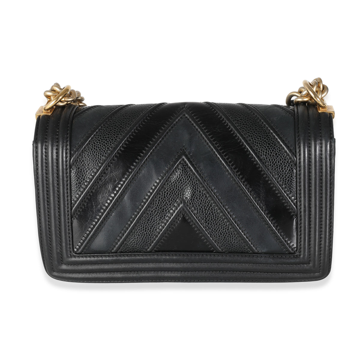Chanel Black Calfskin Caviar In The Mix Chevron Old Medium Boy Handbag Handbag bv