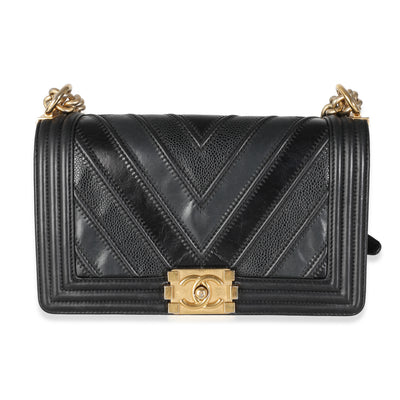 Chanel Black Calfskin Caviar In The Mix Chevron Old Medium Boy Handbag Handbag fv