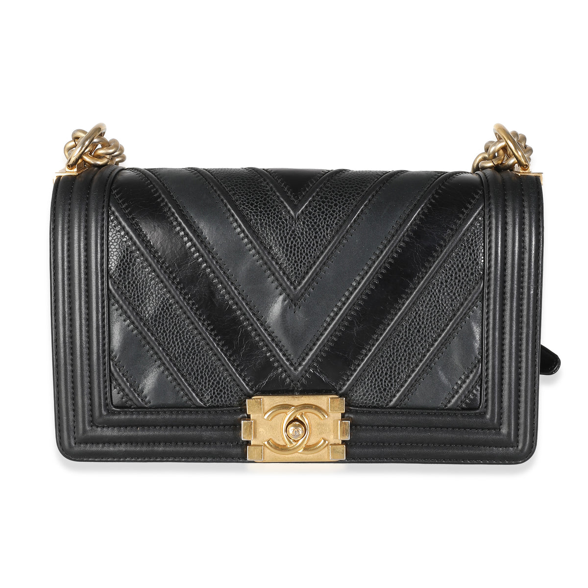 Chanel Black Calfskin Caviar In The Mix Chevron Old Medium Boy Handbag Handbag fv