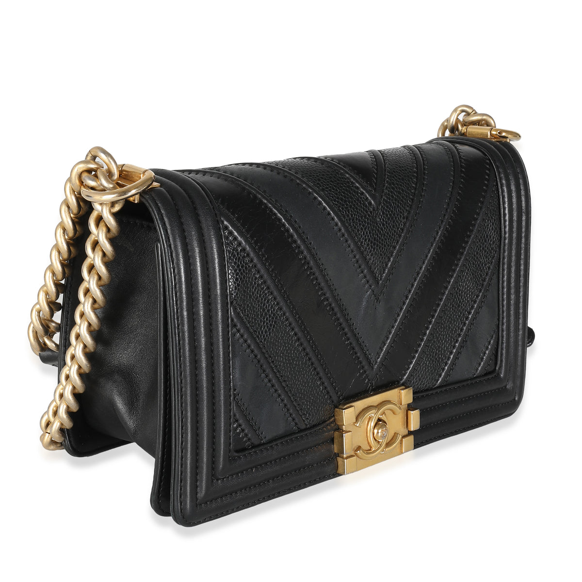 Chanel Black Calfskin Caviar In The Mix Chevron Old Medium Boy Handbag Handbag pv