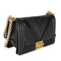 Chanel Black Calfskin Caviar In The Mix Chevron Old Medium Boy Handbag Handbag pv