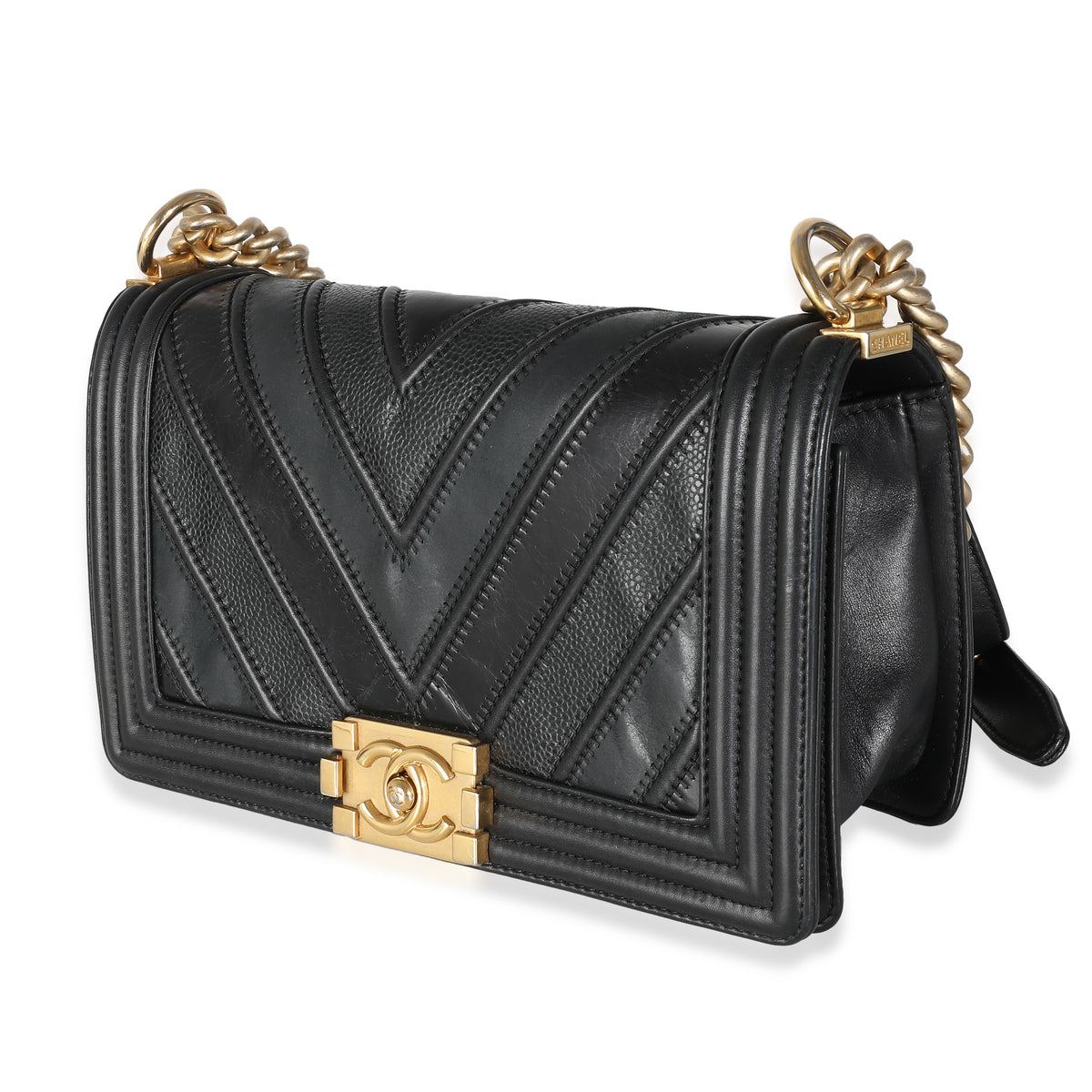 Chanel Black Calfskin Caviar In The Mix Chevron Old Medium Boy Handbag Handbag sv