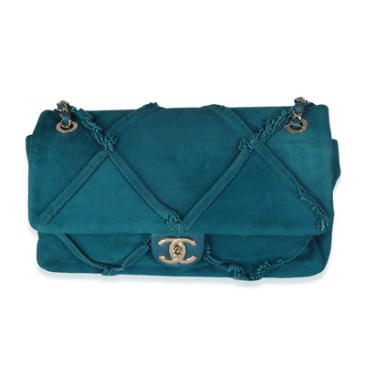 Chanel Teal Suede Goatskin Diamond Fringe Medium Flap Bag Handbag fv