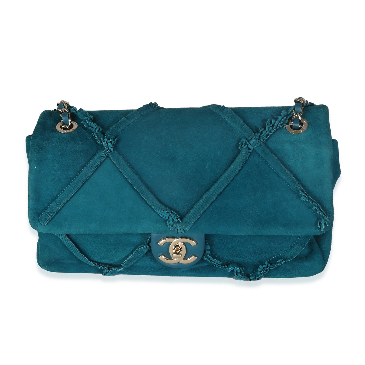 Chanel Teal Suede Goatskin Diamond Fringe Medium Flap Bag Handbag fv