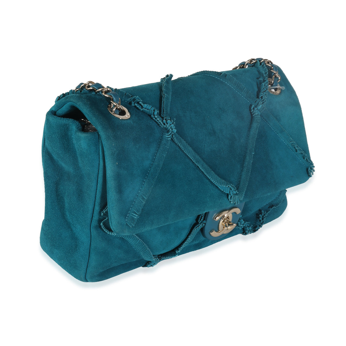 Chanel Teal Suede Goatskin Diamond Fringe Medium Flap Bag Handbag pv