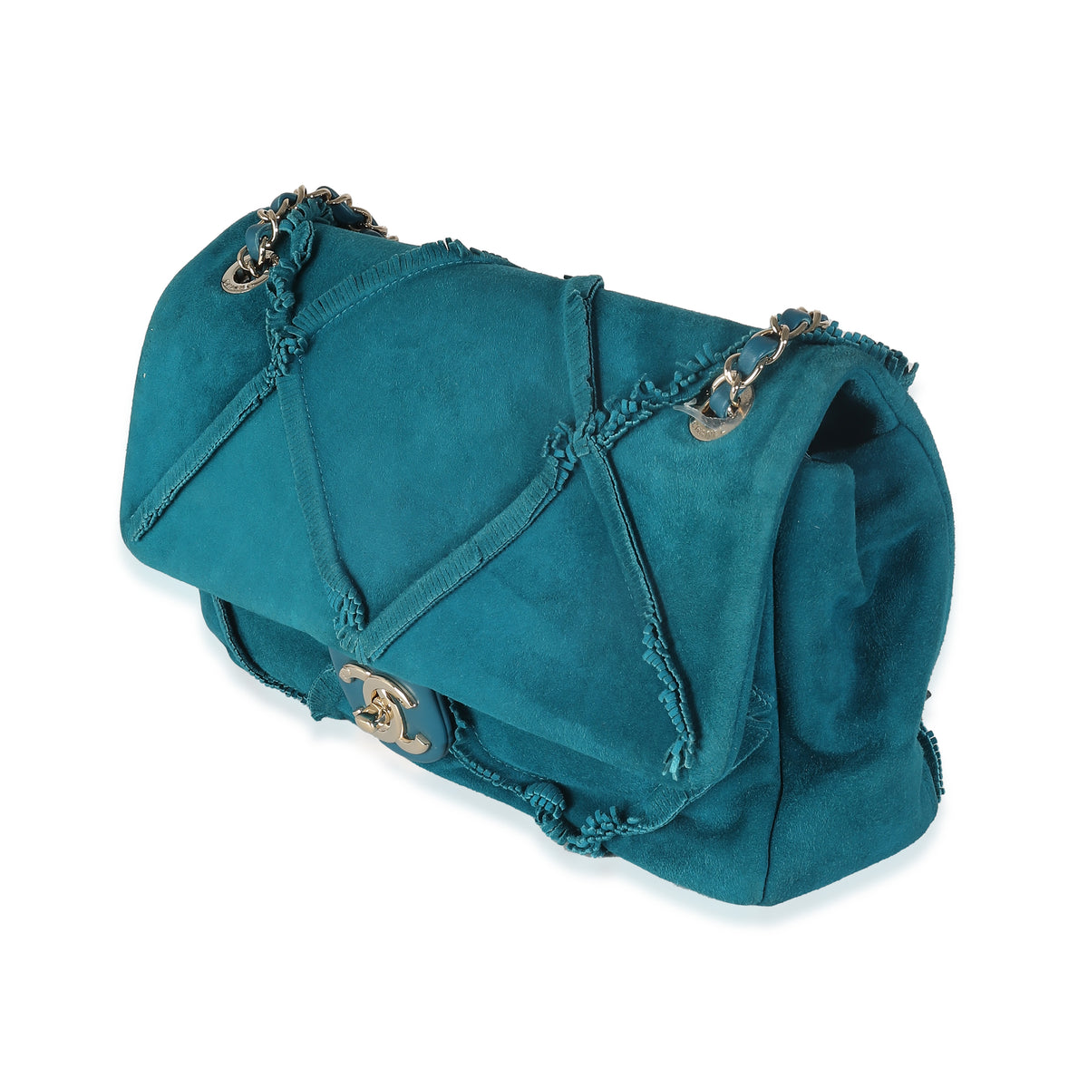 Chanel Teal Suede Goatskin Diamond Fringe Medium Flap Bag Handbag sv