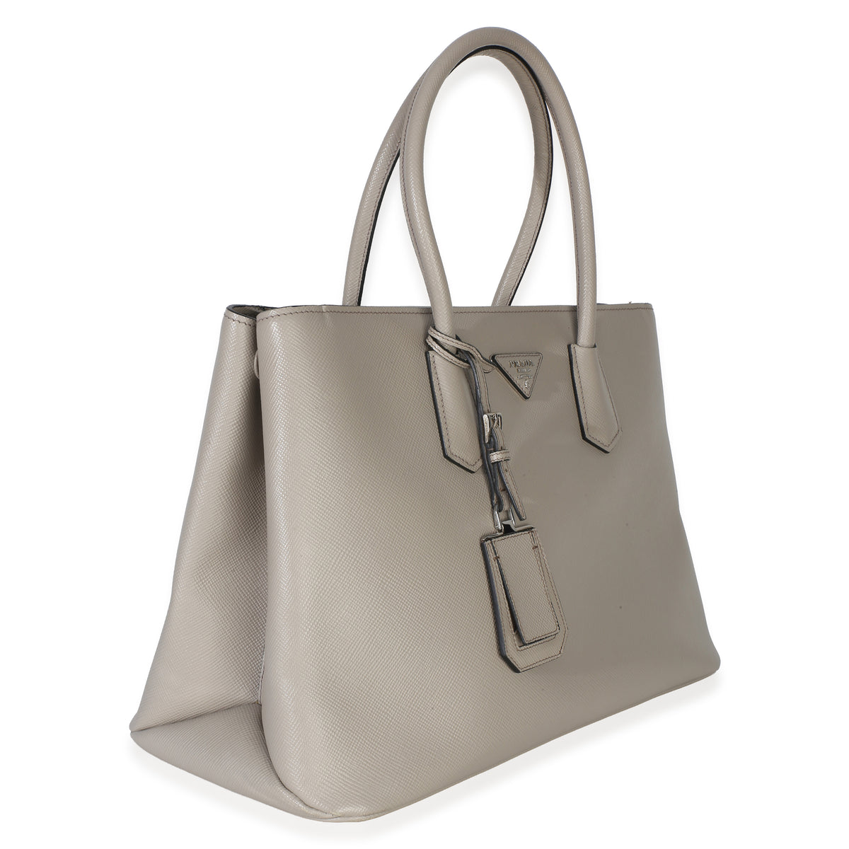 Prada Light Grey Saffiano Cuir Large Turnlock Twin Tote Handbag 4