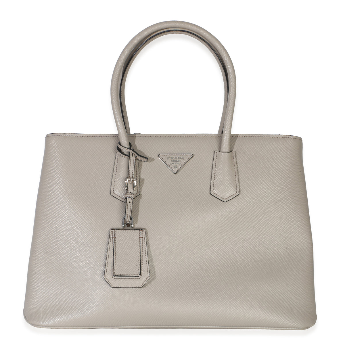 Prada Light Grey Saffiano Cuir Large Turnlock Twin Tote Handbag fv