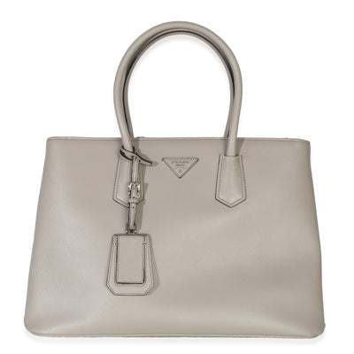 Prada Light Grey Saffiano Cuir Large Turnlock Twin Tote Handbag id