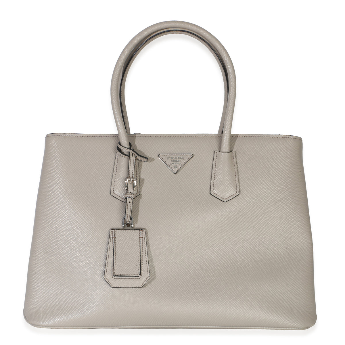 Prada Light Grey Saffiano Cuir Large Turnlock Twin Tote Handbag id