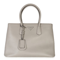 Prada Light Grey Saffiano Cuir Large Turnlock Twin Tote Handbag id
