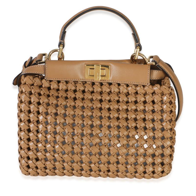 Fendi Cappuccino Woven Calfskin Mini Peekaboo Iconic Satchel Handbag fv