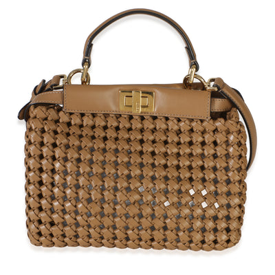 Fendi Cappuccino Woven Calfskin Mini Peekaboo Iconic Satchel Handbag id