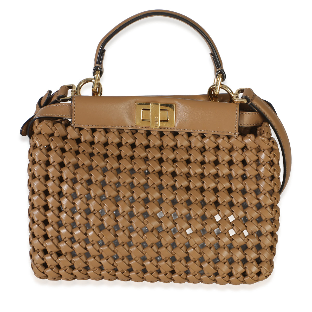 Fendi Cappuccino Woven Calfskin Mini Peekaboo Iconic Satchel Handbag id