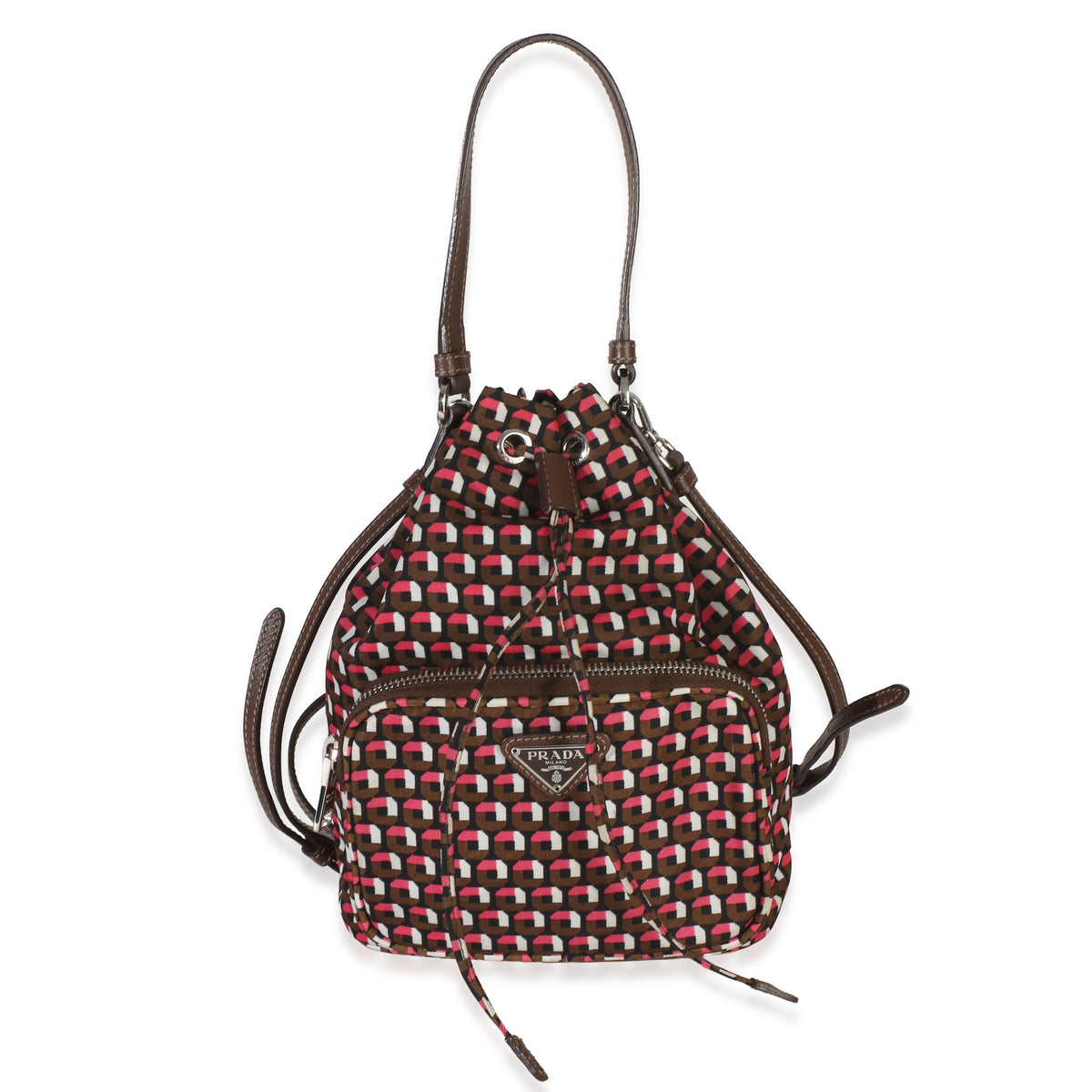 Prada Multicolor Brown Geometric Printed Tessuto Saffiano Mini Bucket Bag Handbag id