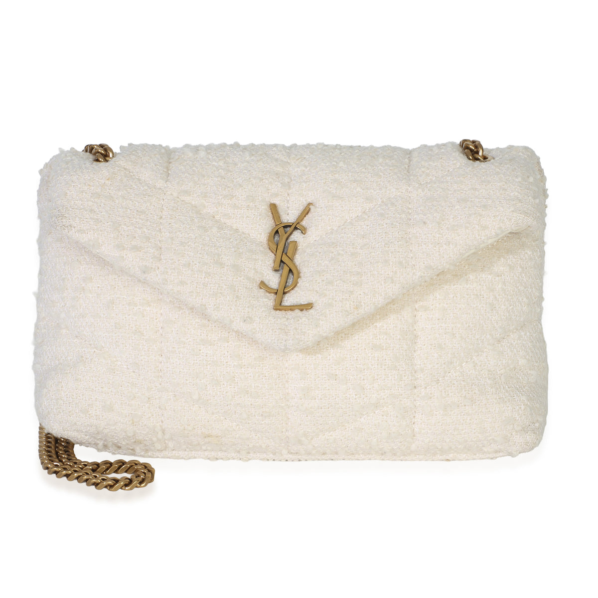 Saint Laurent Crema Soft Quilted Boucle Tweed Toy Loulou Puffer Chain Satchel Handbag id
