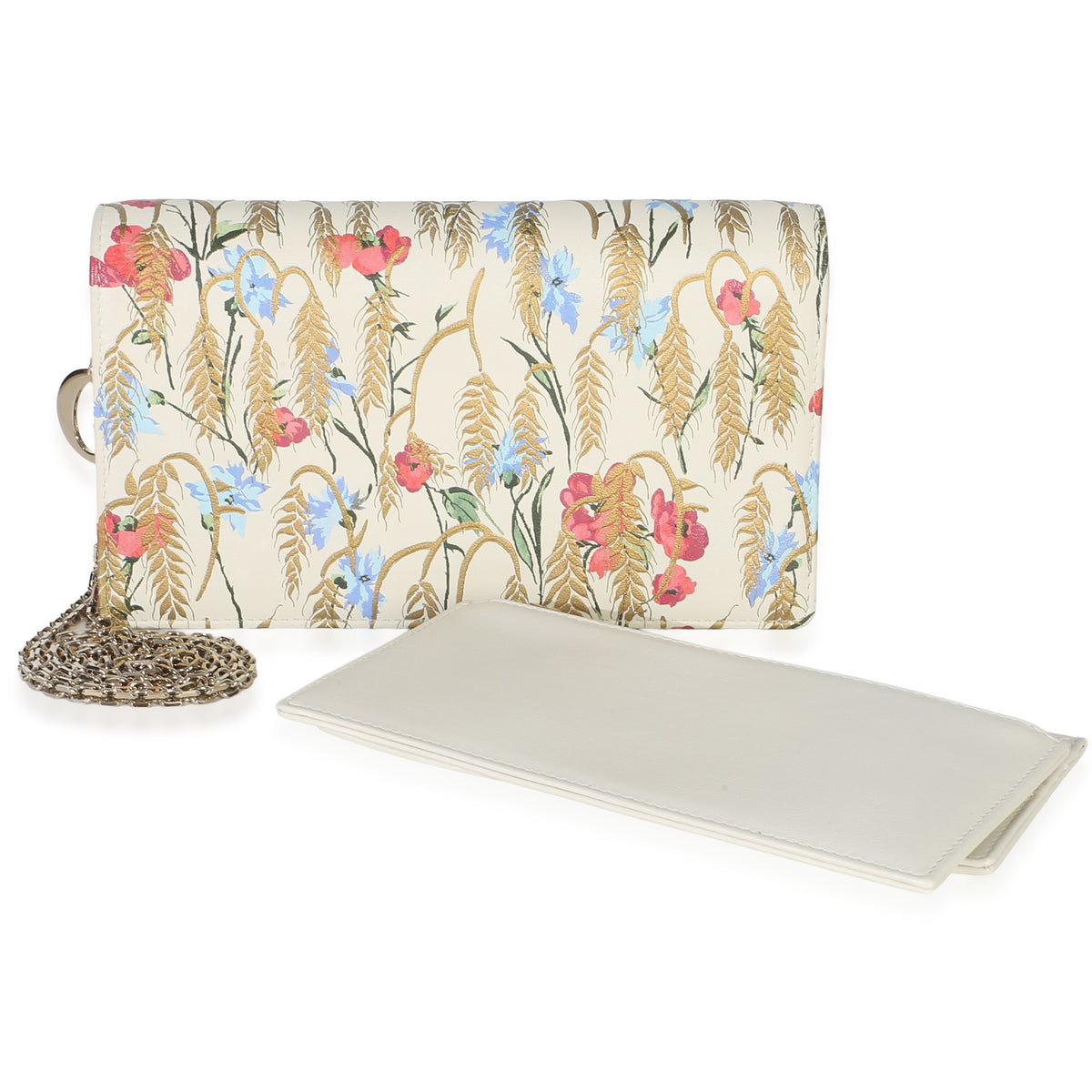 Christian Dior Cream Multicolor Calfskin Hibiscus Clutch With Chain Handbag fv