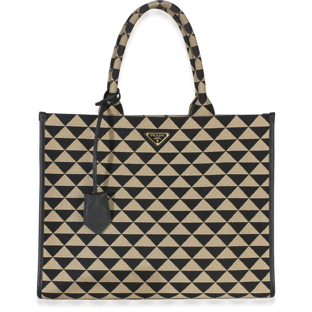 Prada Black Beige Jacquard Saffiano Triangolo Symbole Embroidered Large Tote Handbag id