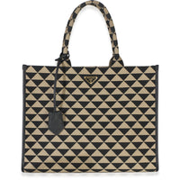Prada Black Beige Jacquard Saffiano Triangolo Symbole Embroidered Large Tote Handbag id
